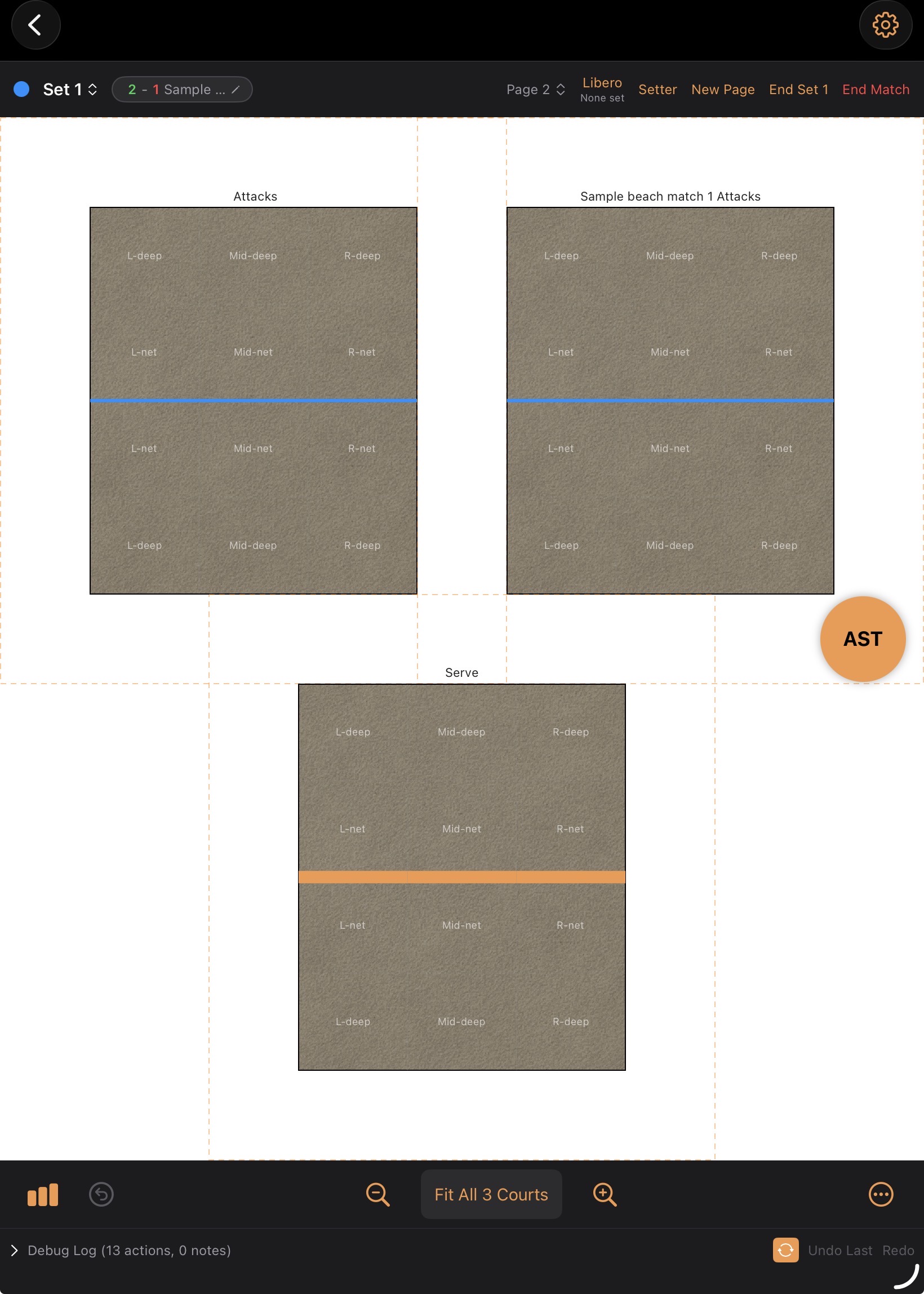 CourtPage™ empty beach CourtPage showing all three charting courts with sand texture and spatial zone labels like L-deep, Mid-net, and R-net.