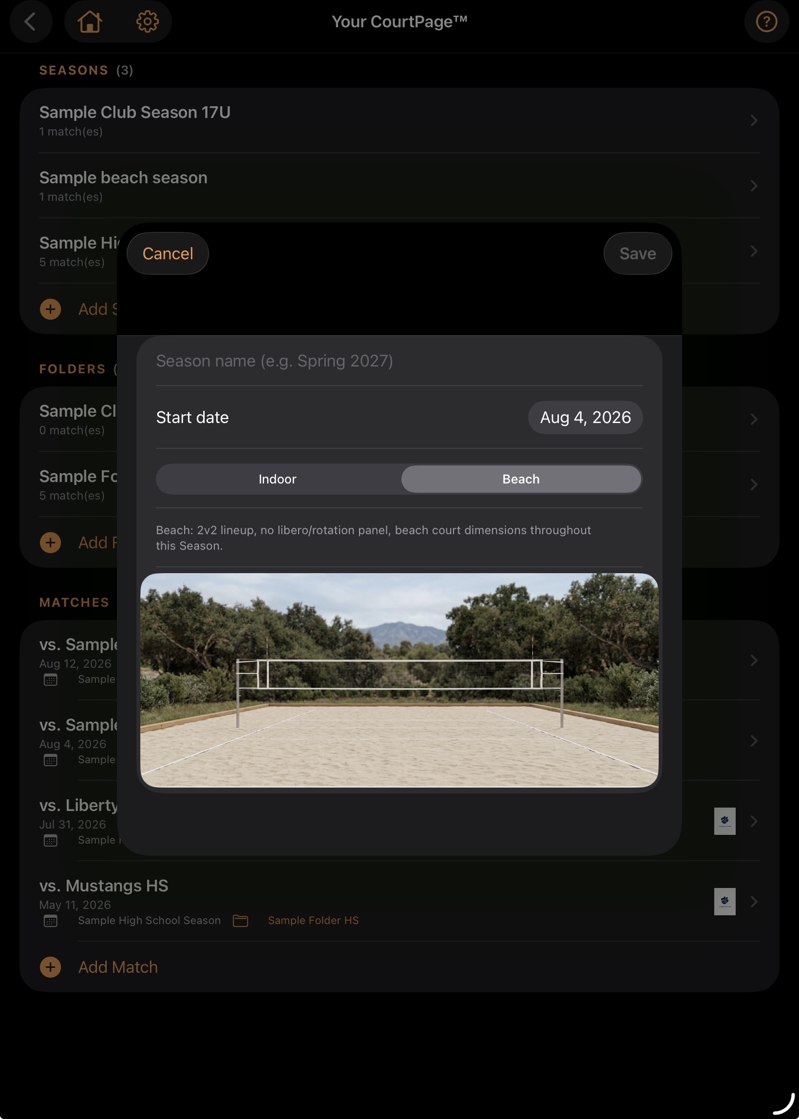 CourtPage™ New Season screen with the Indoor/Beach format picker, Beach selected, showing a real beach volleyball court photo.